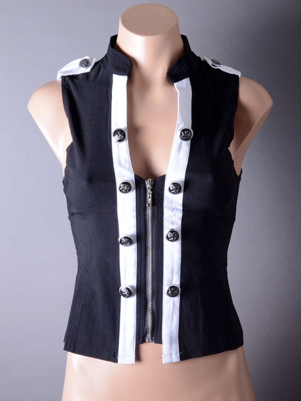 Black White Military Captain Steampunk Goth Punk Sleeveless Zipper Vest Tank Top